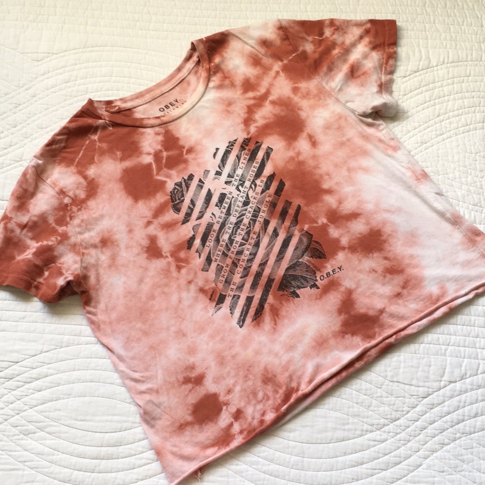 Obey Tie Dye Crop T-Shirt Top Soft Cotton Dusty Rose S - Picture 9 of 11